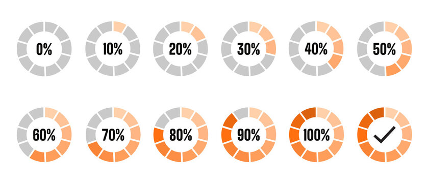 set loading 0%, 20%, 30%, 40%, 50%, 60%, 70%, 80%, 90% and 100% icon isolated white background.