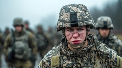 Fototapeta premium A soldier's determined gaze amidst the rain: A poignant portrait of military resilience