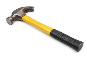 A claw hammer with a yellow handle and black grip isolated on a white background 