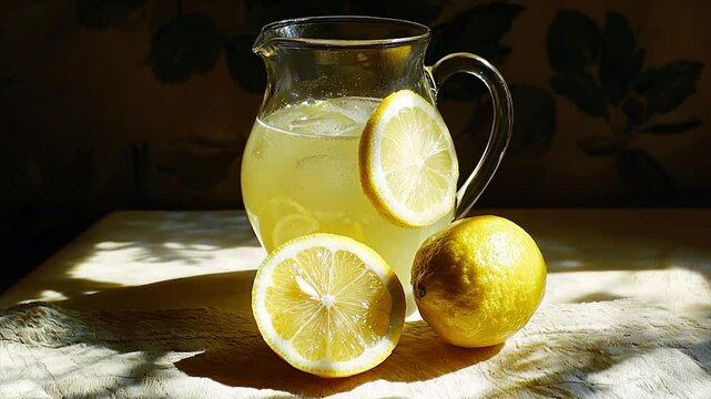 Refreshing lemonade in a glass pitcher with ice and lemon slices