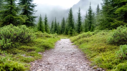 Misty mountain path through a lush forest