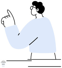 Individual raising one finger while wearing glasses and a light blue sweater, suggesting thought or a new idea. Ideal for ideas, education, leadership, decision-making, innovation, guidance