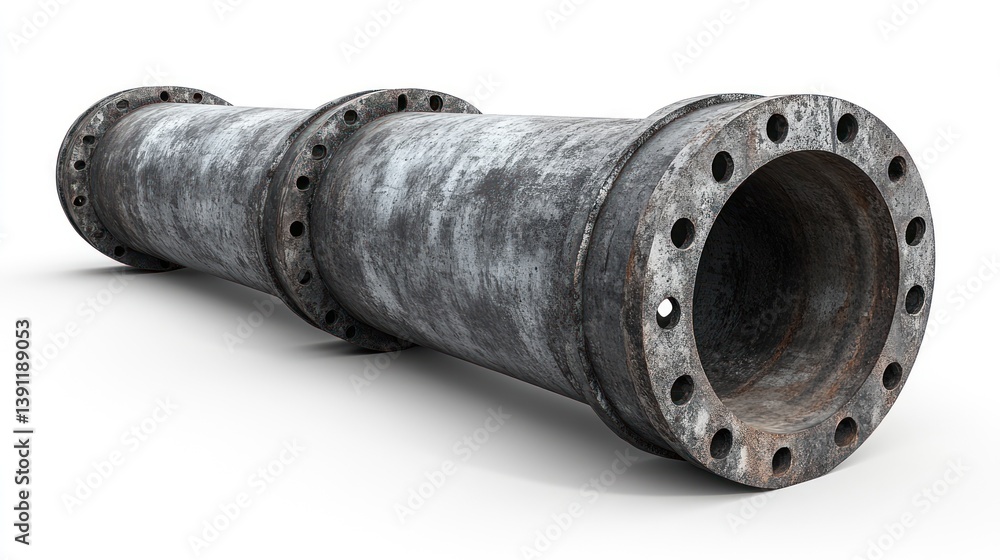 Poster rusty metal pipe with flanges isolated on white background.
