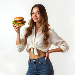 Stylish Woman Holding a Tasty Burger in Hand