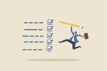 Complete task get work done, accomplish work or finish checklist, project management or good result survey, productive concept, happy businessman jumping high after completed tasks or accomplish work.