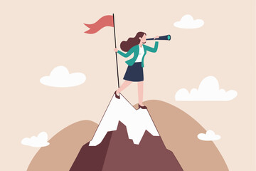 Victory or business achievement, triumph winner or champion searching for next mission goal or target, vision or new challenge concept, success businesswoman on mountain peak look for new challenge.
