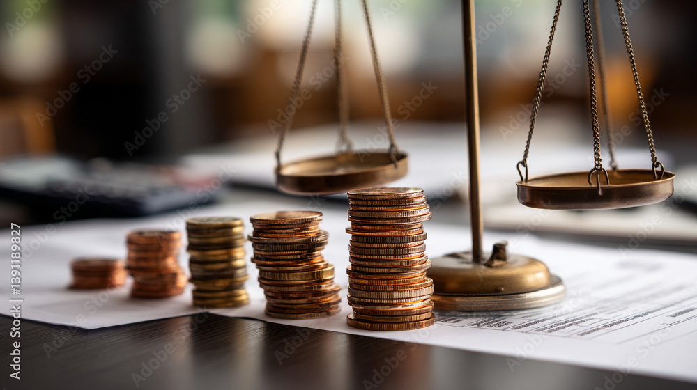 Poster a close up of stacks of coins and a scale on a table with a blurred background in soft lighting