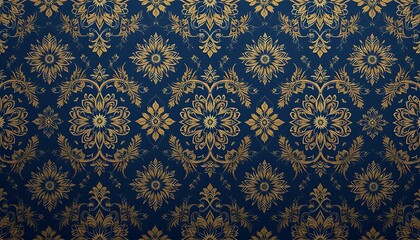 Elegant Damask Pattern Background with Floral Ornament in Gold and Blue