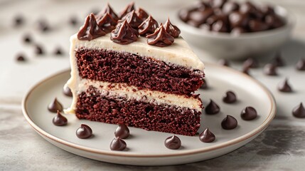 American red velvet cake slice cream cheese frosting plated cleanly on white background