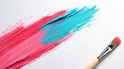 Obraz premium Vivid Strokes of Pink and Turquoise Paint with Brush on White Canvas Backdrop for Artistic Expression