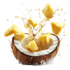 Coconut with Splash of Milk Isolated on Transparent Background