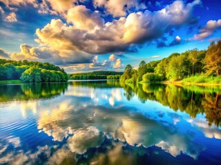 Fototapeta premium Cloudy skies gently soften the sunlit lake's reflection in this dreamy, nature-focused water photograph.
