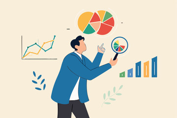Data analysis chart and report, financial research or analyze information for marketing insight, analytics or optimization diagram, smart information, businessman analyze data with magnifying glass.