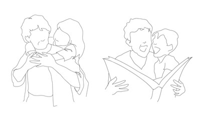 おばあちゃんと孫が一緒に遊ぶ・本を読む　一緒に楽しい時間を過ごす　手描きシンプルラインイラスト　ベクターイラスト素材セット　背景透過 