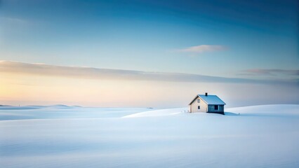 Cold, snowy scene: minimalist winter house against a white backdrop.