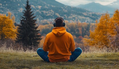 Person in orange hoodie sits on grass looking at autumn forest mountains.