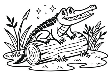 Cute cartoon vector illustration of a green hand-drawn crocodile animal
