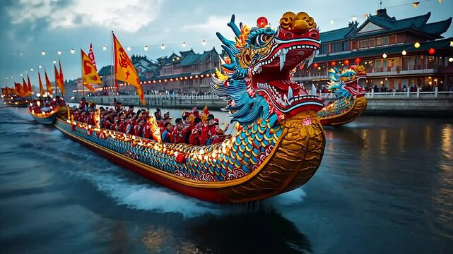 Ornate dragon boats glide on water at dusk, vibrant lights illuminate the festive scene