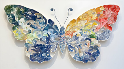 A Colorful Artwork Depicting a Butterfly Design in Floral Detail
