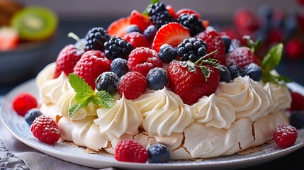 Australian pavlova meringue topped whipped cream and fresh fruits plated on white dish