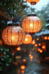 Rain-soaked lanterns illuminate a quaint, atmospheric alleyway