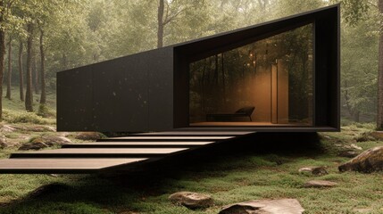 Obraz premium A modern geometric cabin nestled within a lush green forest environment