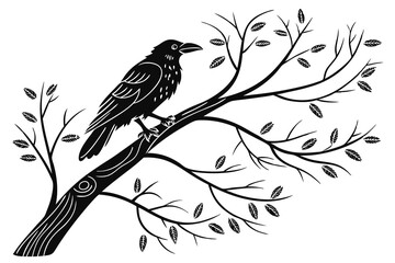 Wild brown bird with a beak sitting on a tree branch in nature