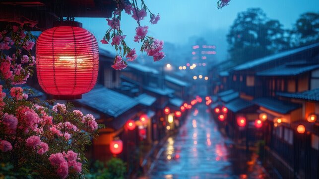 Rainy evening in a charming town, illuminated by warm lanterns and flowering plants