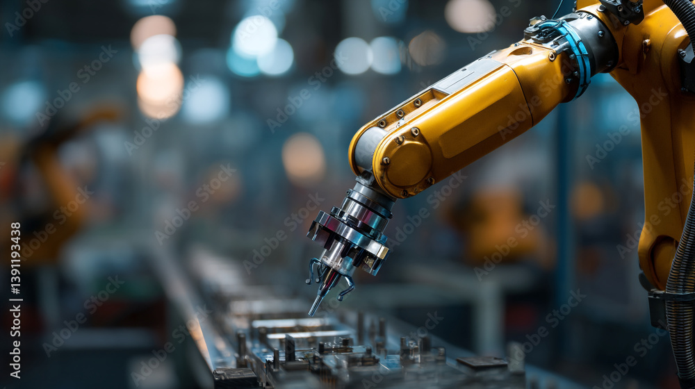 Poster close up of a yellow robotic arm with a metal tool in a factory setting with blurred background