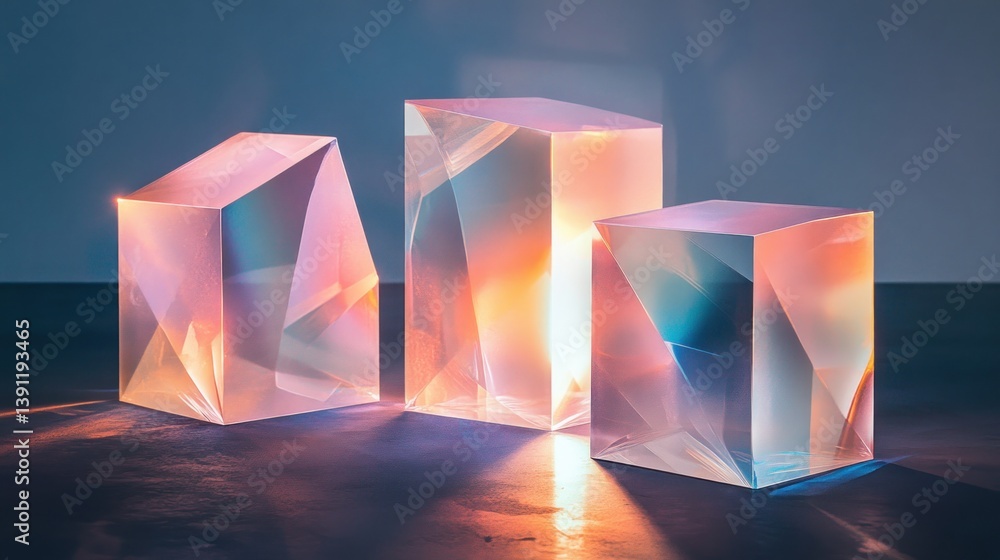 Aufkleber three translucent glass prisms illuminated, casting vibrant light and reflections on a dark surface.