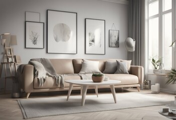 stylish 3d mock interior render background scandinavian room living style template door wood apartment beige chair rattan architecture house brown gallery three-dimensional design nobody space window