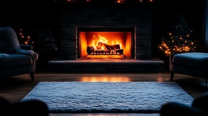 Cozy living room with fireplace and Christmas trees.