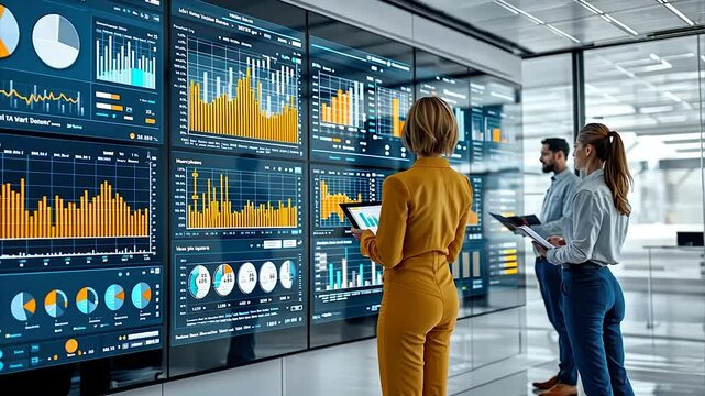 Business professionals analyze data on large display wall
