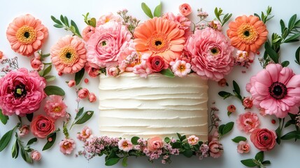 Obraz premium Beautiful Buttercream Cake Surrounded by Colorful Floral Arrangements