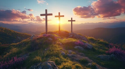 Three wooden crosses silhouette at sunset atop a mountain peak, overlooking a valley.