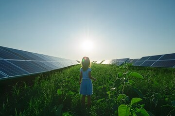Girl standing in field with solar panels under bright sunlight.