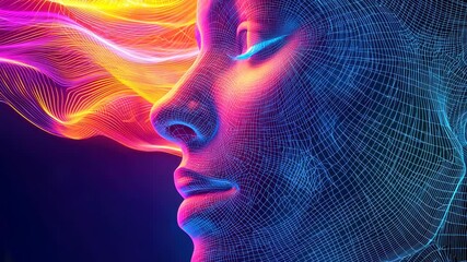Vibrant abstract wireframe human face with colorful lines.