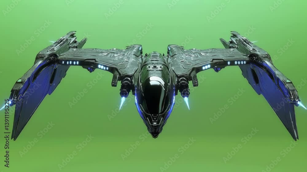 Poster futuristic black spaceship with blue lights is flying in space isolated on a green screen chroma key