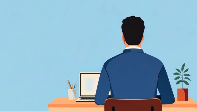 Man working on laptop at desk, blue background