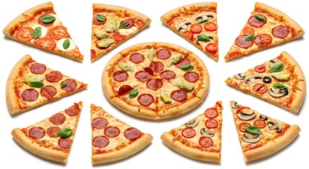 Delicious pizza slices and pizza 