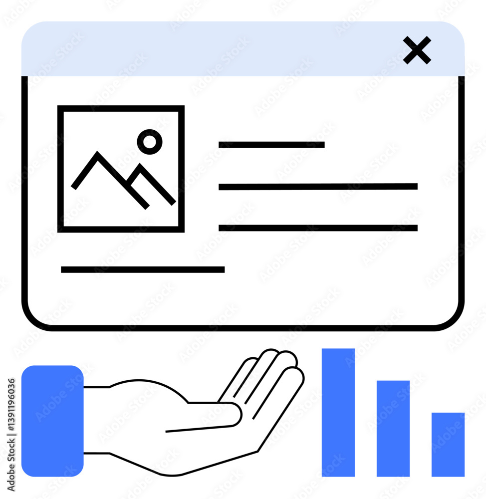 Poster window displaying image preview, textual information, open hand below symbolizing support, bar chart