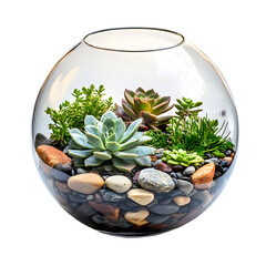 Clear Glass Terrarium with Succulents and Pebbles Isolated on Transparent Background