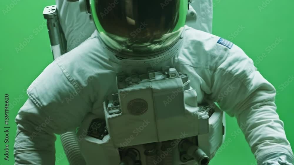 Aufkleber astronaut wearing a spacesuit and helmet points their finger forward against a green screen backgrou
