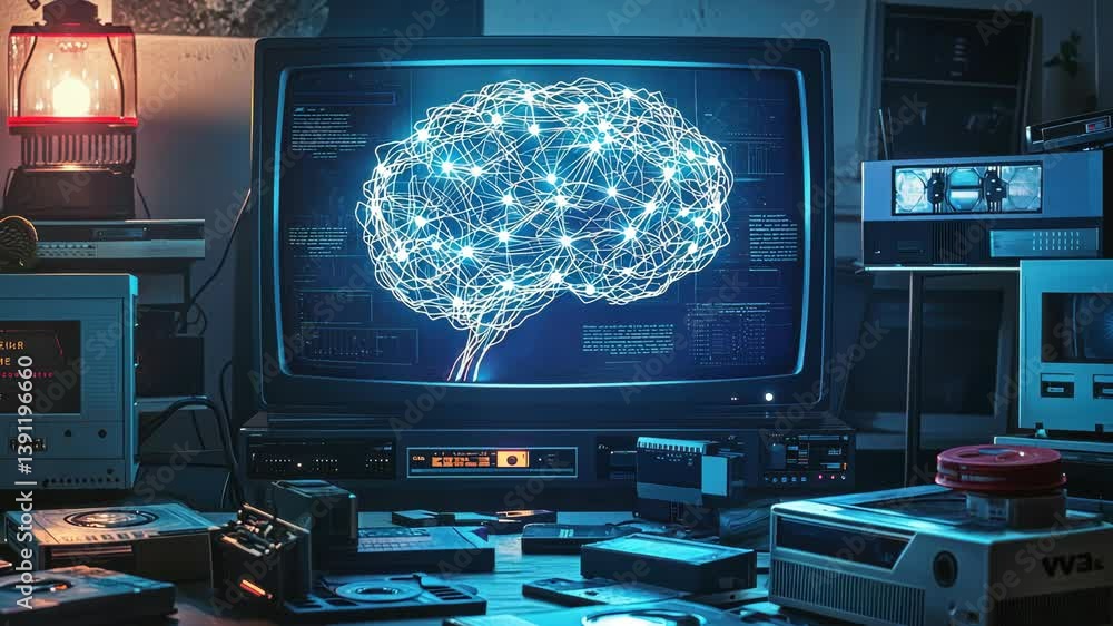 Poster brain network visualization on retro tv.