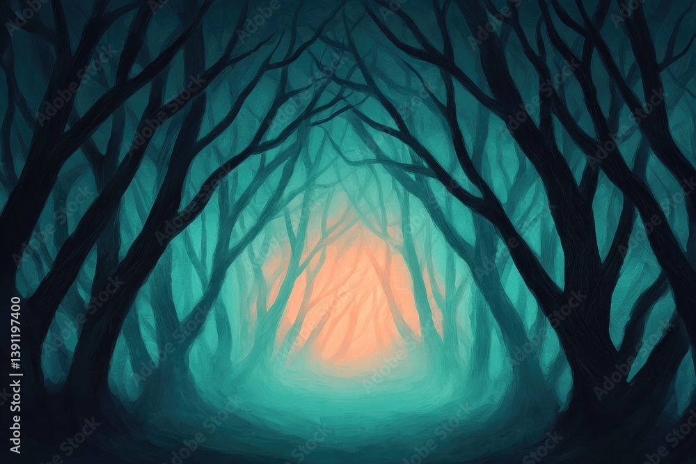 Poster a mystical forest scene with dark, twisted trees and an ethereal glow illuminating a path, creating 