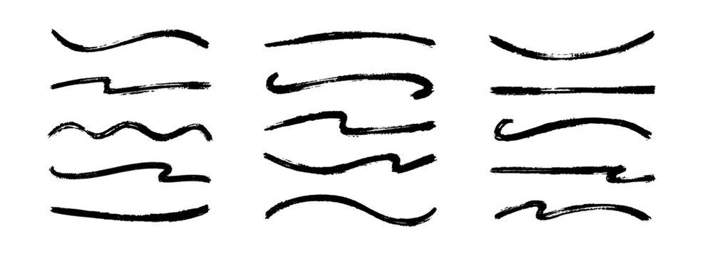 Curved and wavy sketch brush stroke collection. Squiggle paint line set. Rough charcoal flourish pack for highlight, underline, emphasis. Hand drawn crayon strips. Vector black swoosh stripe bundle