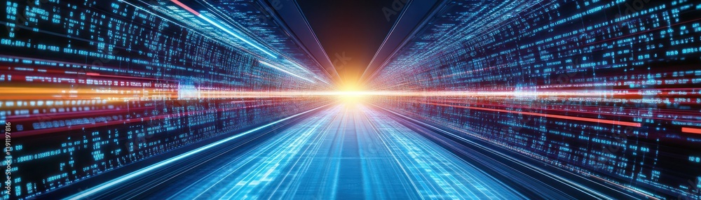 Poster digital data streams flowing towards a bright central point of light