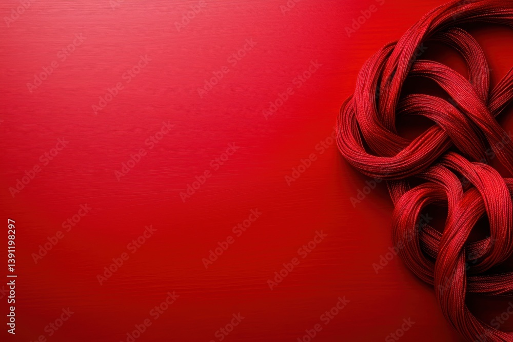 Poster a vibrant red background featuring an intricate knot design made from braided material, creating a b