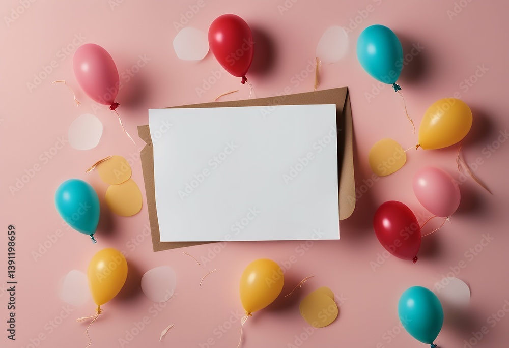 Poster flat lay composition balloons empty card space text color background