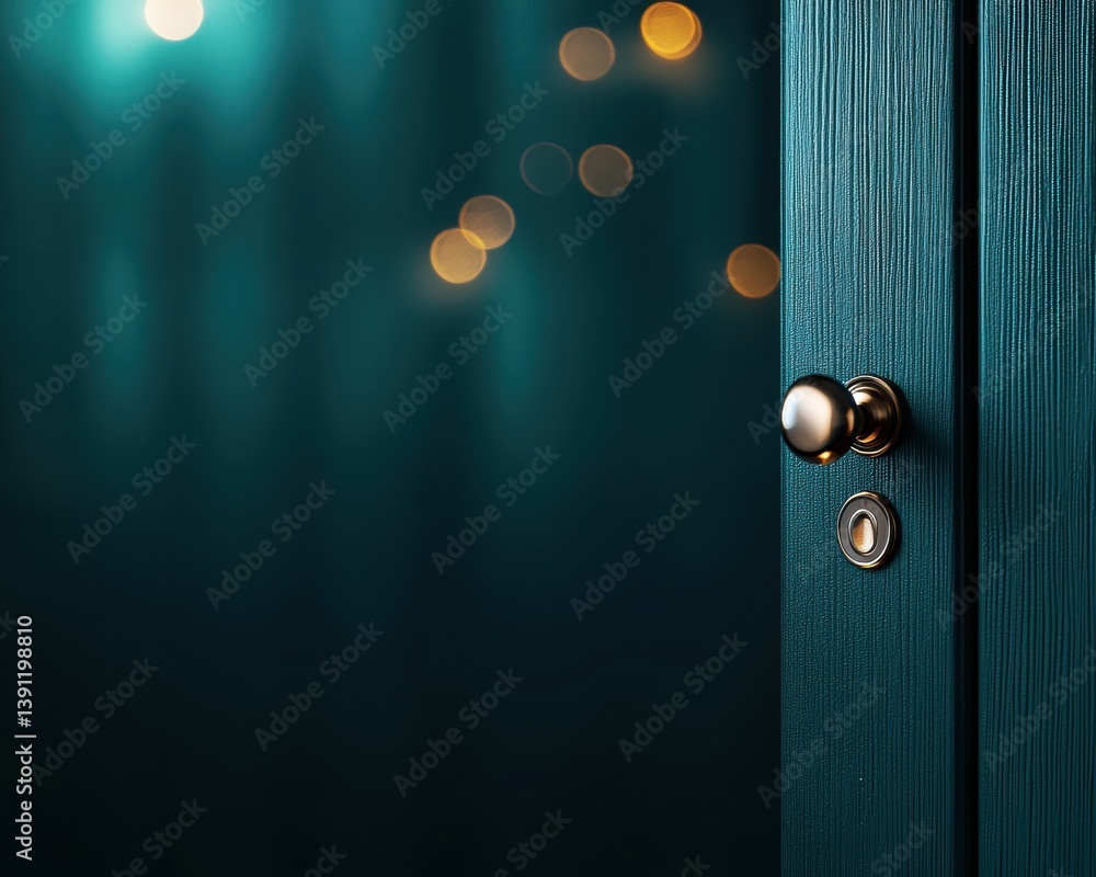 Poster a close-up of a teal door with a shiny golden knob, illuminated by soft bokeh lights in the backgrou